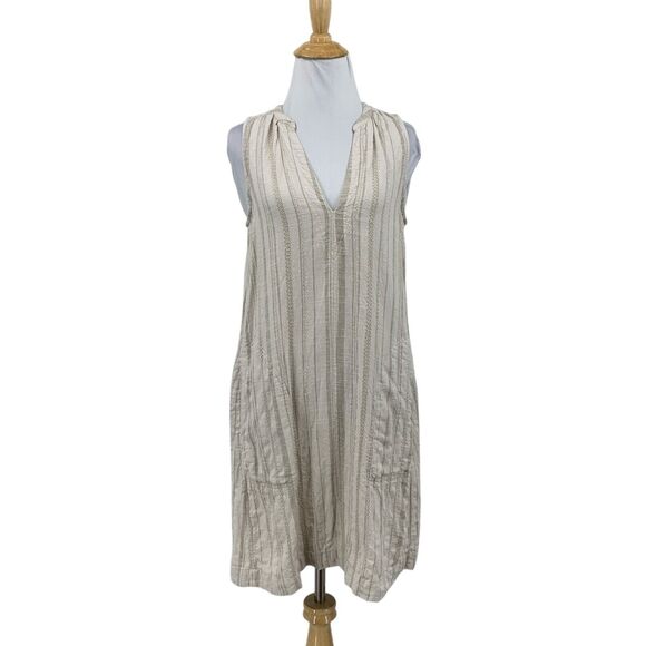 Splendid Dress Women XS Extra Small Beige Stripe Amorosa Split Neck Linen Blend - Picture 1 of 14